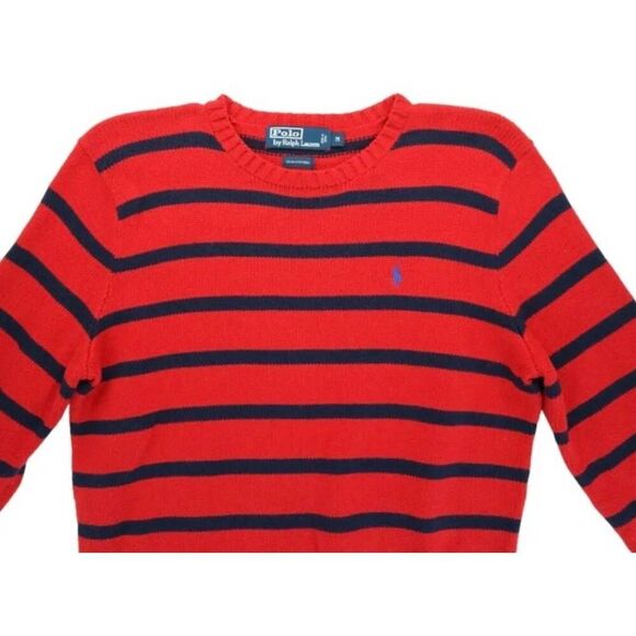 POLO RALPH LAUREN Men's Striped Crewneck Sweater Red Navy M Cotton Classic - Picture 5 of 10